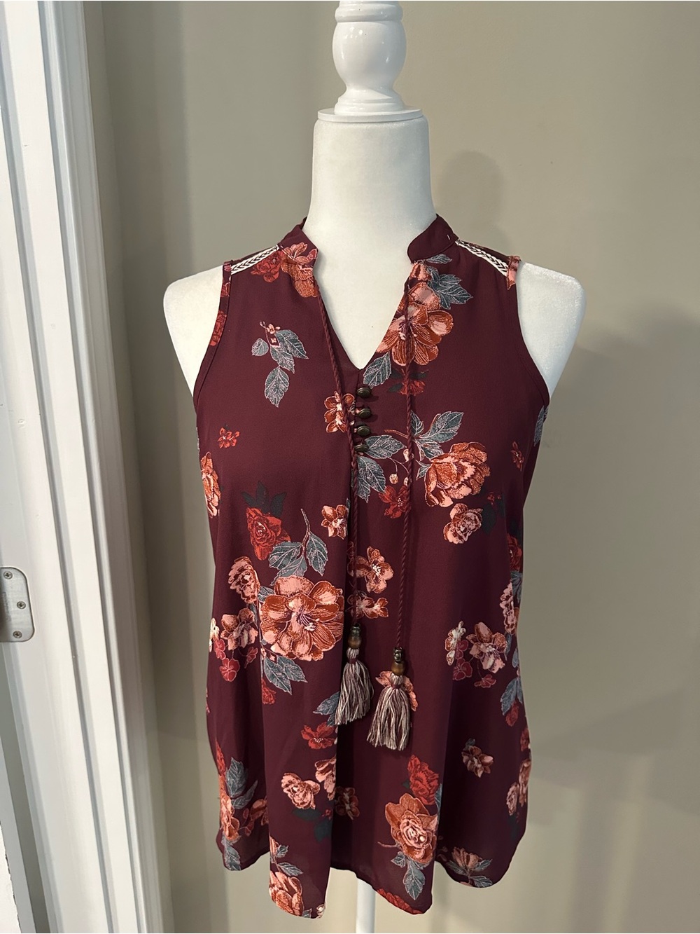Xhilaration Burgundy Floral Tassel Tie Sleeveless Camisole